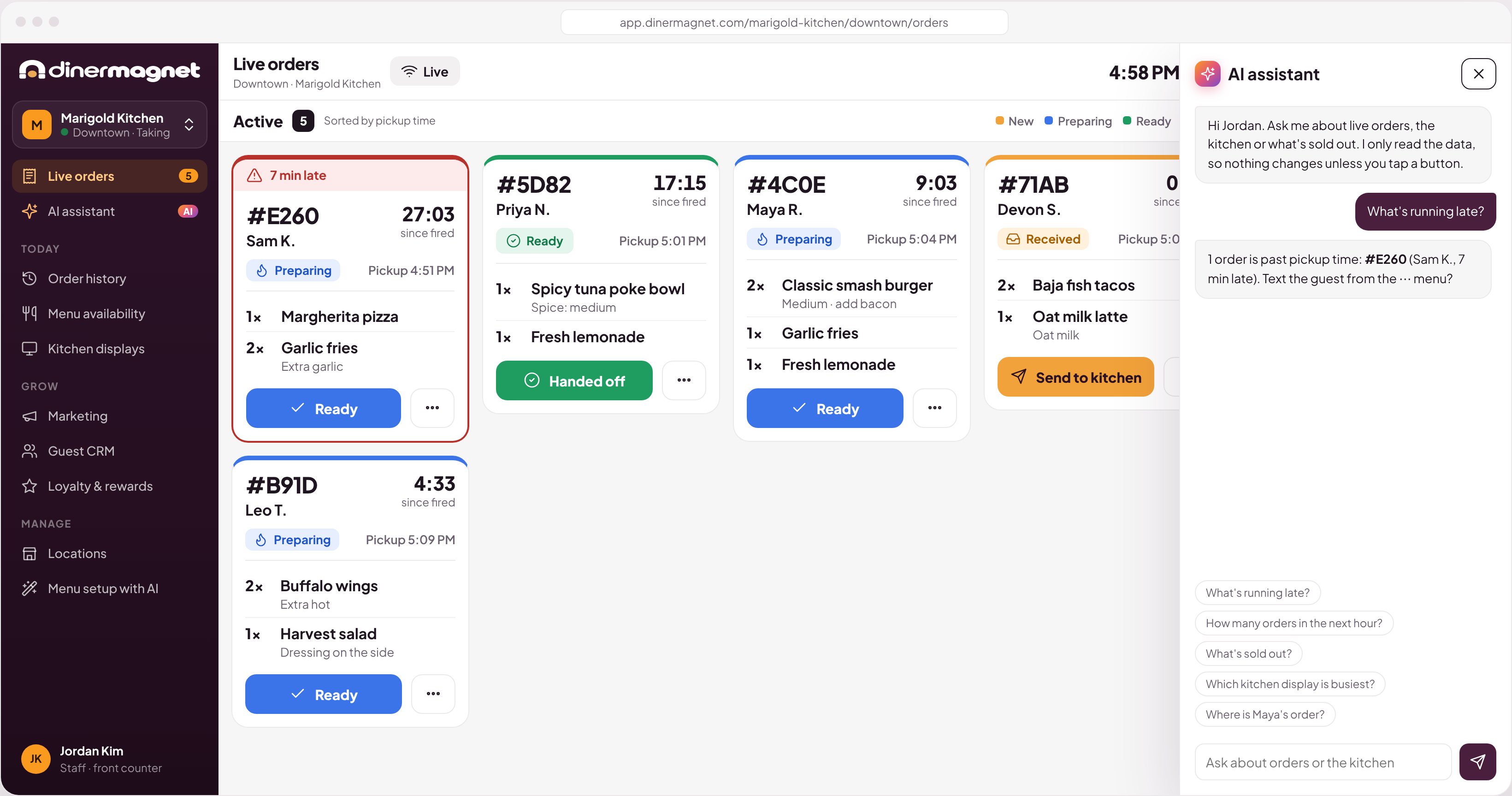 Staff dashboard with the AI assistant open