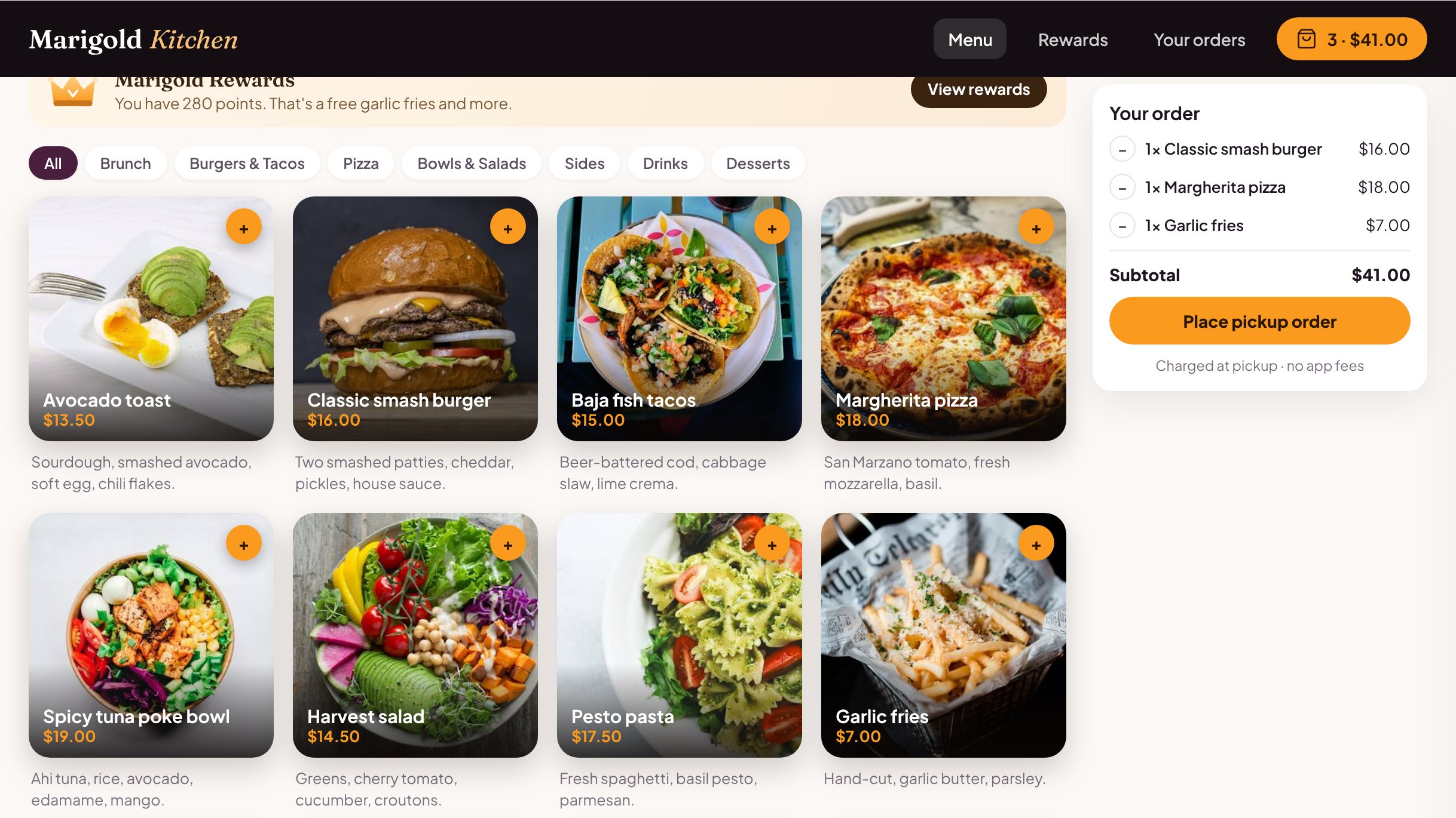 Commission-free online ordering menu